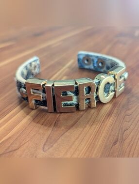 FIERCE Gold Letter Accent Leopard Print Cuff Bracelet - Women's Black